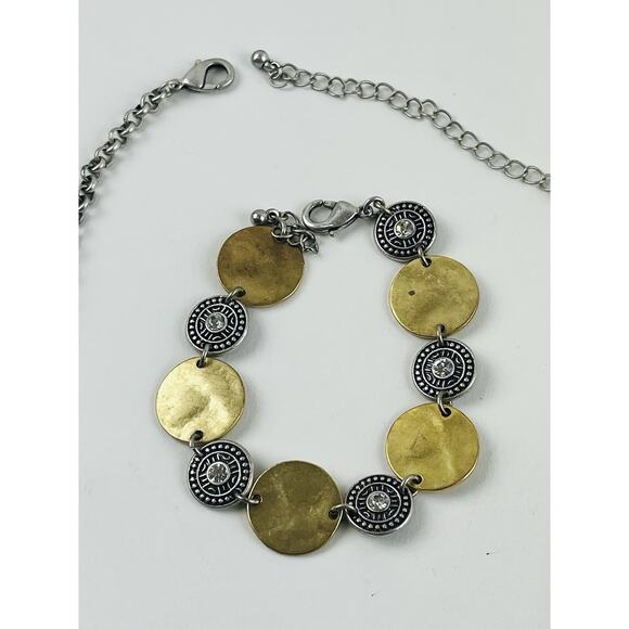 2 Tone Coin Disc Necklace Bracelet Rhinestone Boho Matte Brass Gold Silver disk - Picture 7 of 15